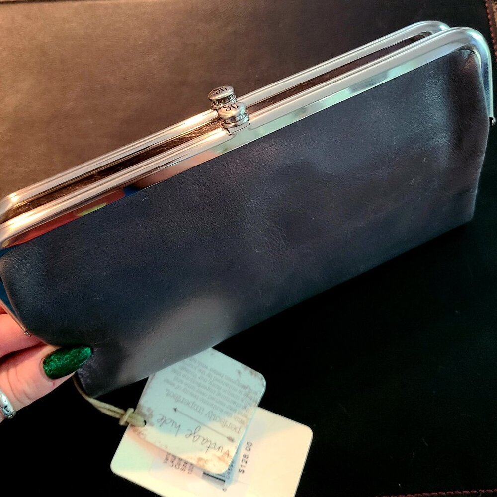 NWT HOBO Dark Gray Double kiss lock leather LAUREN wallet/clutch